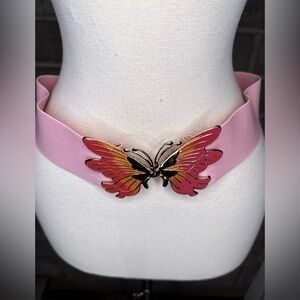 Vintage Pink Elastic Stretch Belt w/ Enamel Butterfly Clasp – 29”